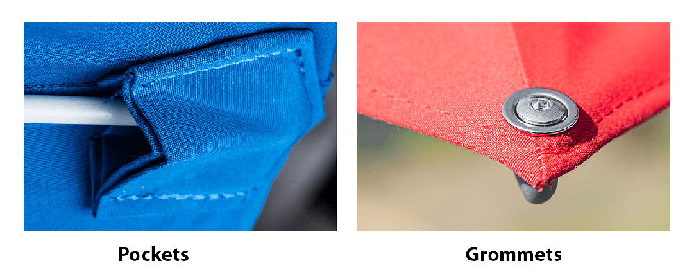 Close-up of umbrella canopy pockets and reinforced grommets used for secure attachment and durability in commercial outdoor environments, preventing fabric stress and wear.